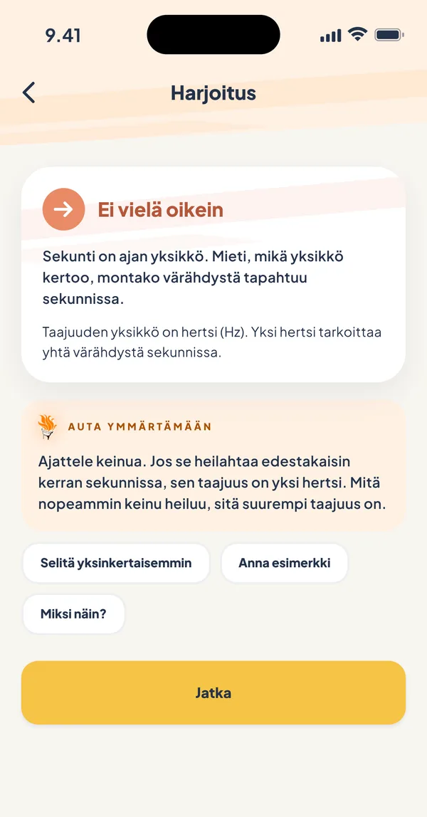 Harjoitusnäkymä: vastaus ei vielä oikein, Soihtu antaa vihjeen ja tarjoaa selityksen, esimerkin tai perustelun.